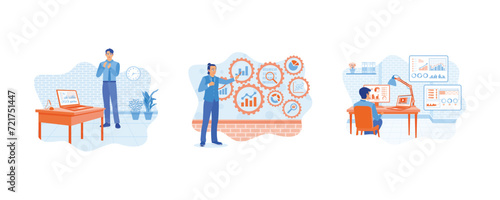 A male accountant working in a modern office. The male manager is touching gears connected to KPI. Male businessman analyzing data on a computer screen. Business analysis concept. Set flat vector illu