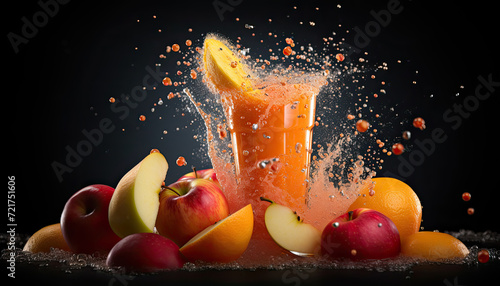 Fototapeta Naklejka Na Ścianę i Meble -  Splashing healthy fresh orange and apple fruits smoothie with assorted natural ingredients served in glass with fruit decoration on black background. Summertime refreshing cold tasty drink.	