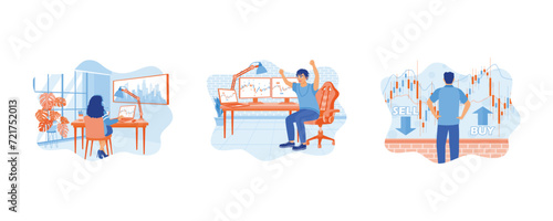 Analyzing stock market trading indices on the laptop screen. Determine buying and selling options. A stockbroker celebrating successful stock trading. Stock Trading concept. Set flat vector  illustrat