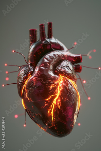 Obraz na płótnie 3D Model Heart with Orange Electric Pulse, Generative AI w salonie