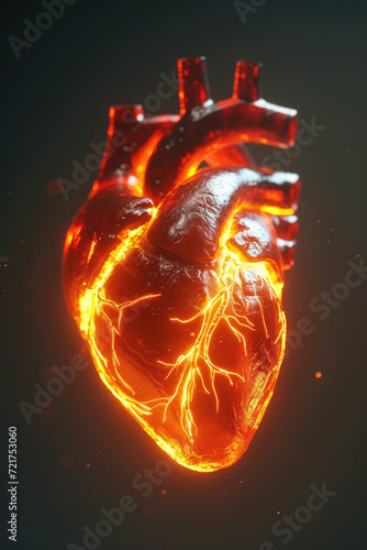 3D Model Heart with Orange Electric Pulse, Generative AI