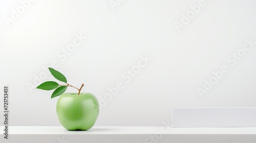 Green apple with leaf on white shelf with copy space for text.