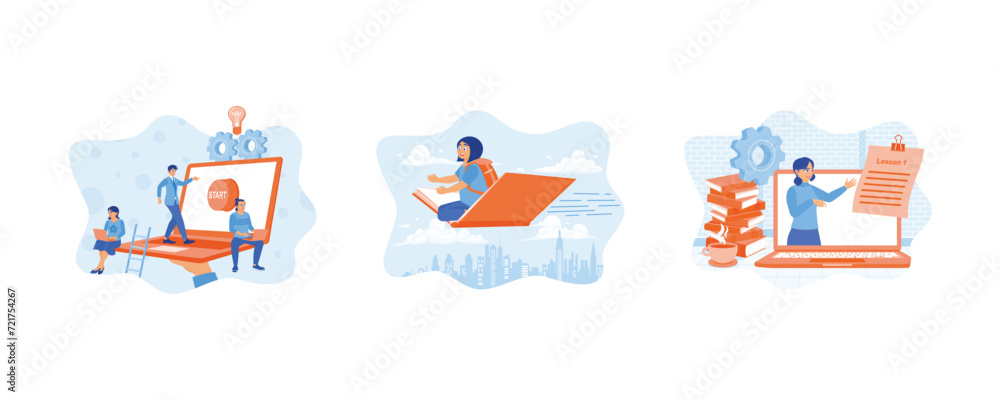 Men and women increase education in computer technology. Back to school. Distance education. Education concept. Set flat vector illustration
