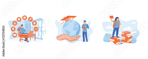 Male students taking distance education. holding a globe with a graduation cap on top. Boy standing on a pile of books. Education concept. Set flat vector illustration. 