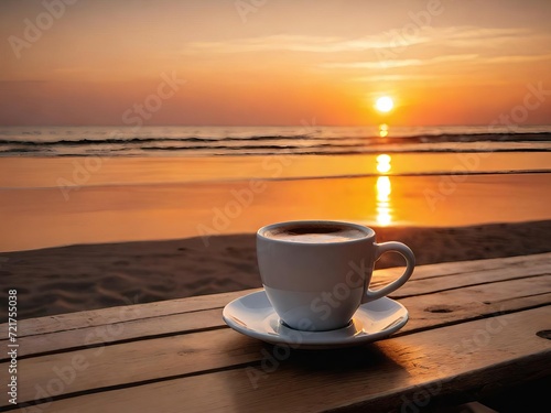 Coffee cup on a wooden table, with a serene beach and a mesmerizing sunset in the background. Generative AI.