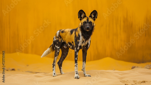 an African wild dog standing against sand color background with copy space