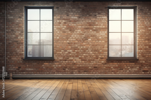 Empty room with big window in loft style. Wooden floor and brick wall in a modern interior. 3D render.