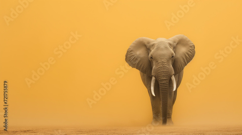 an Elephant standing against sand color background with copy space