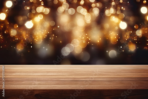 Empty wooden table top with defocused bokeh Christmas Fair lights background. Template for product display.