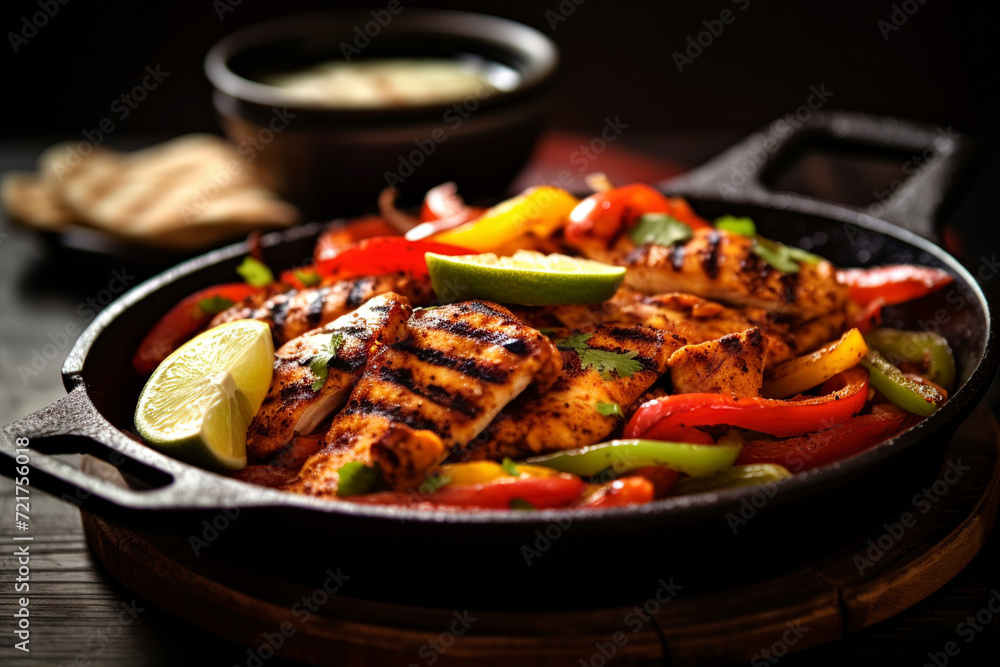 Grilled chicken fajitas are served on a plate. (Generative AI) Grilled chicken fajitas are served on a plate. (Generative AI)
