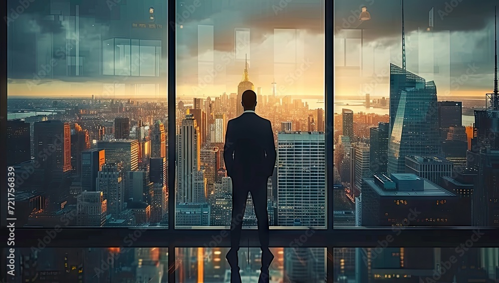 Business aspirations touching sky businessman gaze on cityscape high. Silhouettes of success dreams in urban lights future promise in professional. In heart of city ambitions fly leader stands goals - obrazy, fototapety, plakaty 