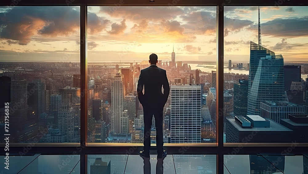 Fototapeta premium Business aspirations touching sky businessman gaze on cityscape high. Silhouettes of success dreams in urban lights future promise in professional. In heart of city ambitions fly leader stands goals