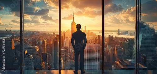 Business aspirations touching sky businessman gaze on cityscape high. Silhouettes of success dreams in urban lights future promise in professional. In heart of city ambitions fly leader stands goals photo