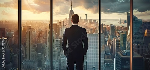 Business aspirations touching sky businessman gaze on cityscape high. Silhouettes of success dreams in urban lights future promise in professional. In heart of city ambitions fly leader stands goals photo