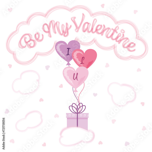 Be my valentine greeting with pink cloud, balloons and giftbbox and hearts on a white background