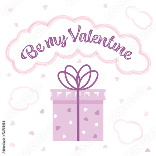 Be my valentine gift box with clouds and hearts background