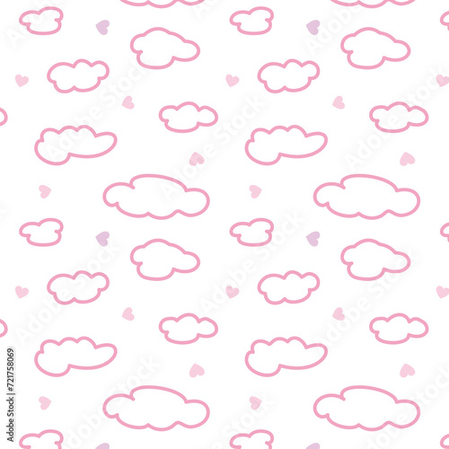 Pink clouds and hearts seamless pattern vector illustration