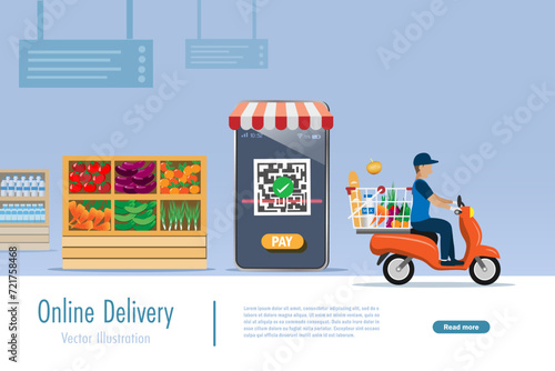 Online grocery shopping, payment and delivery service. Mobile app with barcode payment and scooter deliver grocery foods to customer. 3D vector.