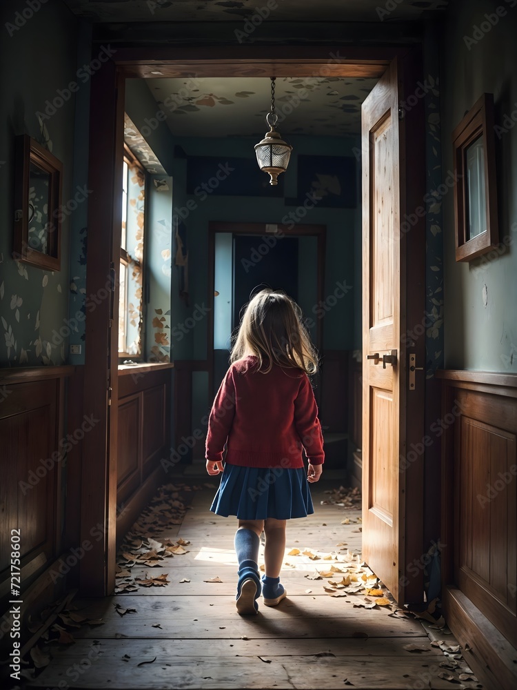 a child explore a haunted house