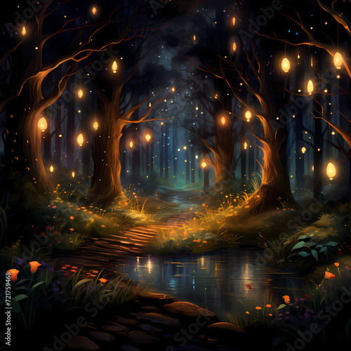 Firefly-lit forest at night. 