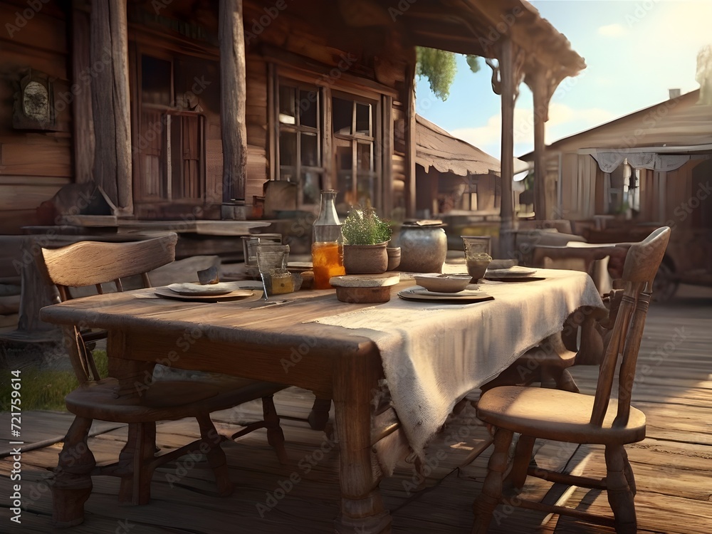 A dining table outside of vintage wild west American house