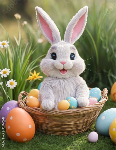 Easter scene with rabbit and colorful eggs. Small rabbit in yellow flower pot. 