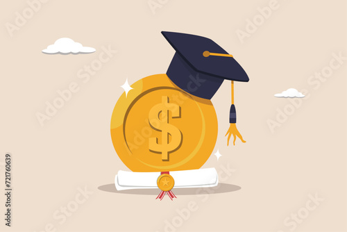 Education cost, tuition or scholarship, money for university or graduation, college diploma concept, 
dollar money coin with mortarboard graduation cap and certificate.