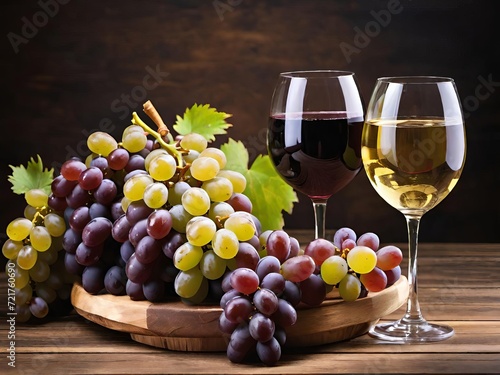Variety of fresh grapes on a wooden platter  accompanied by two elegant glasses of red and white wine. Generative AI.