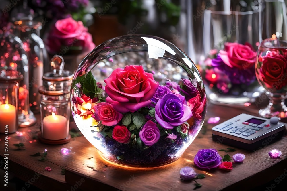 crystals decoration on the shinning on the red and pink colorful balls in the background with colorful fished and flowers in the crystal balls background 