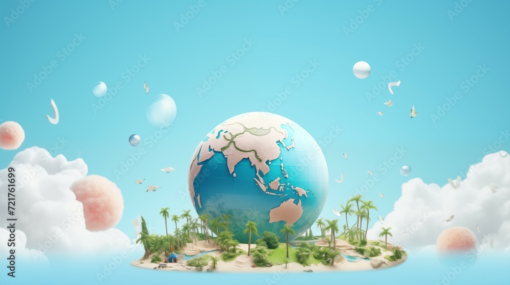 Naklejka premium A globe on a palm tree on a tropical island.