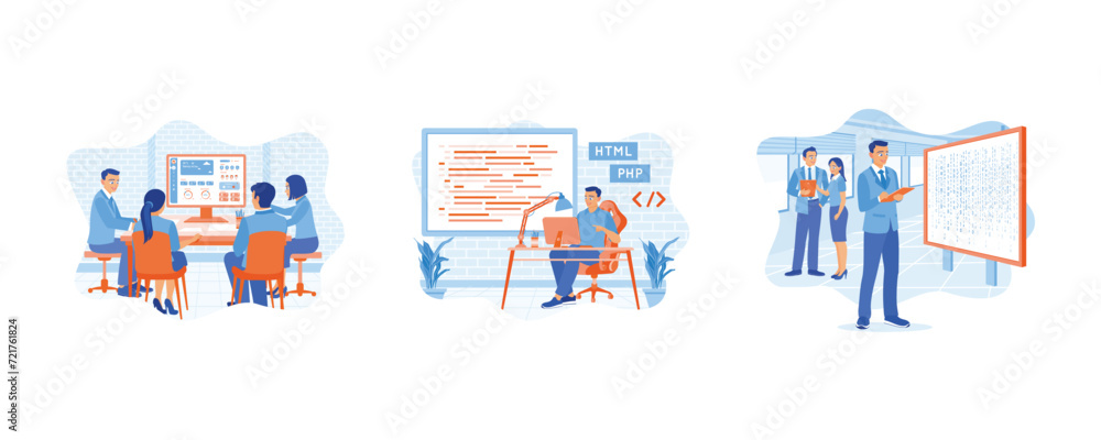 A team of IT experts is sitting in front of computers. The screen displays computer script coding. Developing mobile applications. APP devs concept. set flat vector illustration. A team of IT experts is sitting in front of computers. The screen displays computer script coding. Developing mobile applications. APP devs concept. set flat vector illustration.