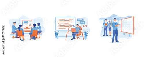 A team of IT experts is sitting in front of computers. The screen displays computer script coding. Developing mobile applications. APP devs concept. set flat vector illustration.
