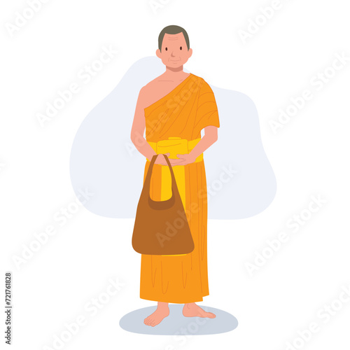 Thai Monk in Traditional Robes with fabric bag
