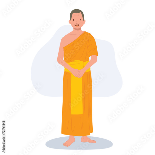 Thai Monk in Traditional Robes Standing and Explaining Spiritual Wisdom.