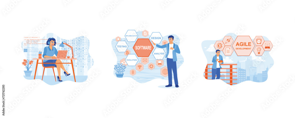 Work at night. Man working using virtual screen. Develop agile development software on the screen. Software developers concept. Set flat vector illustration.