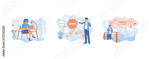 Work at night. Man working using virtual screen. Develop agile development software on the screen. Software developers concept. Set flat vector illustration.
