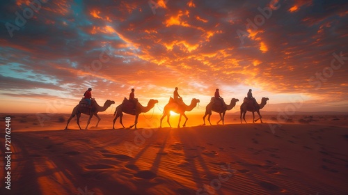 Ramadan background man riding a camel in the desert with sunset view. Eid Mubarak  happy fasting  eid al fitr