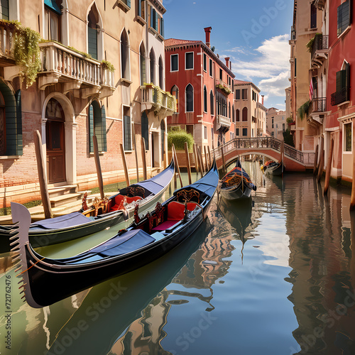Gondolas on a canal in Venice. © Cao