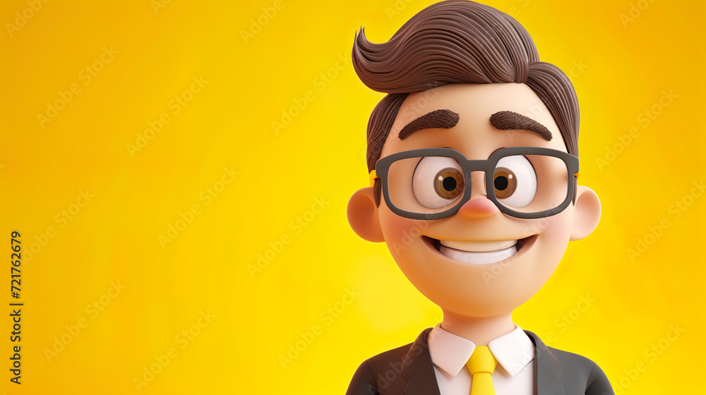 cartoon businessman closeup wearing glasses against yellow background cartoon businessman closeup wearing glasses against yellow background