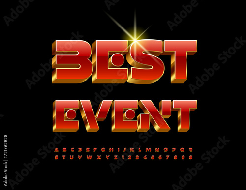 Vector elite flyer Best Event. Red and Gold Alphabet Letters and Numbers set. Unique premium Font