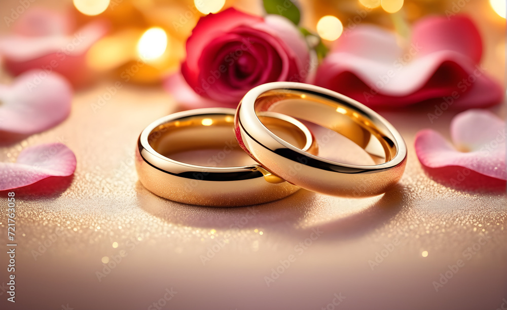 Two small golden rings on the side, set against a romantic background, warm hues, scattered rose petals. Generative AI Two small golden rings on the side, set against a romantic background, warm hues, scattered rose petals. Generative AI