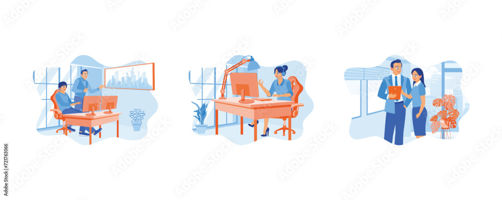 Business people are discussing a new project. Developing software using computers. Working in modern offices. Software developers concept. Set flat vector illustration.