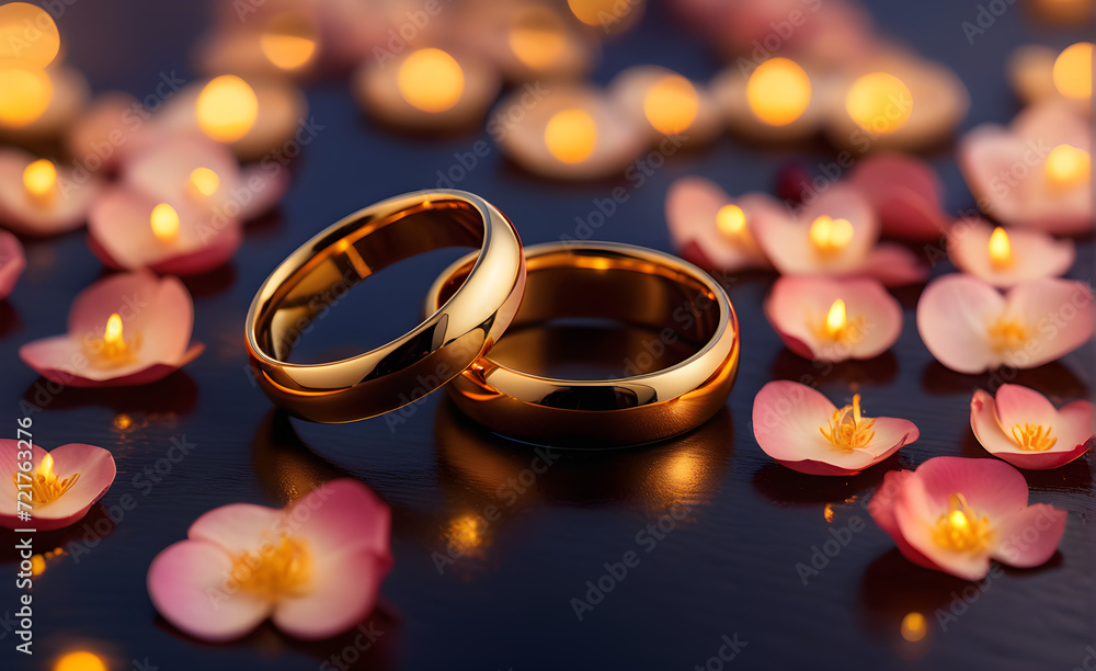 Two small golden rings on the side, set against a romantic background, warm hues, scattered rose petals. Generative AI Two small golden rings on the side, set against a romantic background, warm hues, scattered rose petals. Generative AI