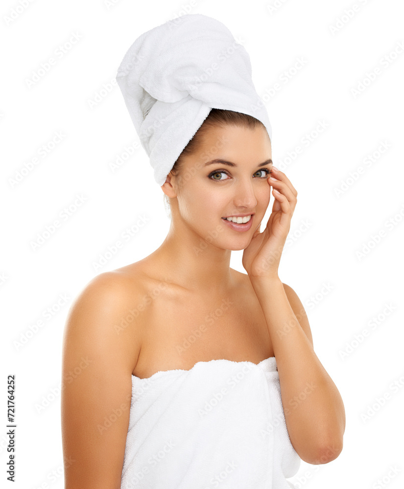 Shower, towel or hand on face of woman in studio for wellness, skincare or pamper on white background. Portrait, smile or model with body care, cleaning or cosmetic, routine or treatment results Shower, towel or hand on face of woman in studio for wellness, skincare or pamper on white background. Portrait, smile or model with body care, cleaning or cosmetic, routine or treatment results