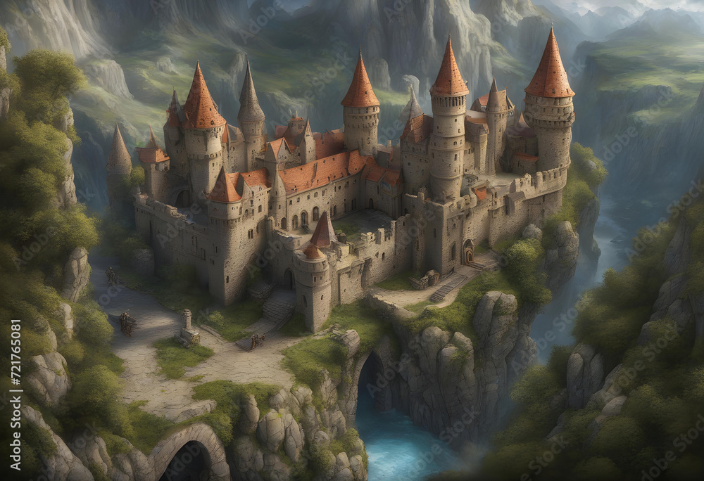 Fantasy Castle. Landscape. Kingdom. Enchanting. Fairytale. Majestic. Magical. Medieval. Architecture. Surreal. Mythical. Dreamlike. Adventure. Fortress. Ethereal. High Fantasy. AI Generated. - obrazy, fototapety, plakaty 