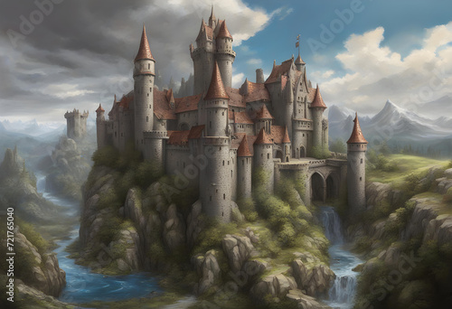 Fantasy Castle. Landscape. Kingdom. Enchanting. Fairytale. Majestic. Magical. Medieval. Architecture. Surreal. Mythical. Dreamlike. Adventure. Fortress. Ethereal. High Fantasy. AI Generated.