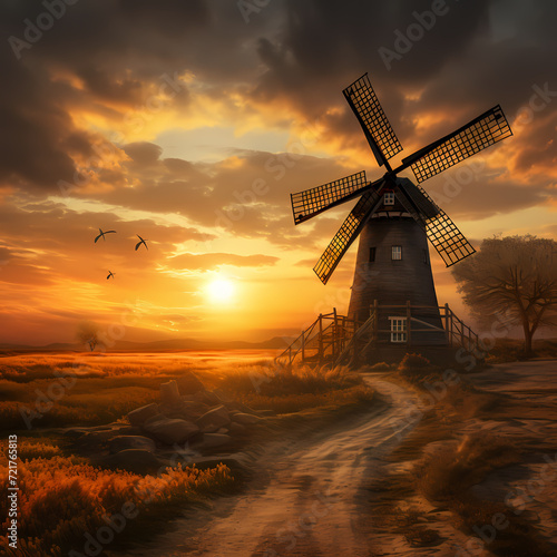 Rustic windmill against a golden sunset. 