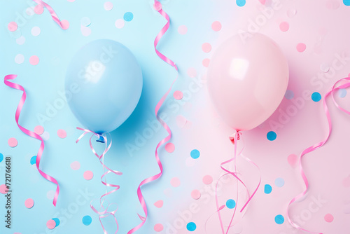 Pastel Pink and Blue Balloons with Ribbons and Confetti