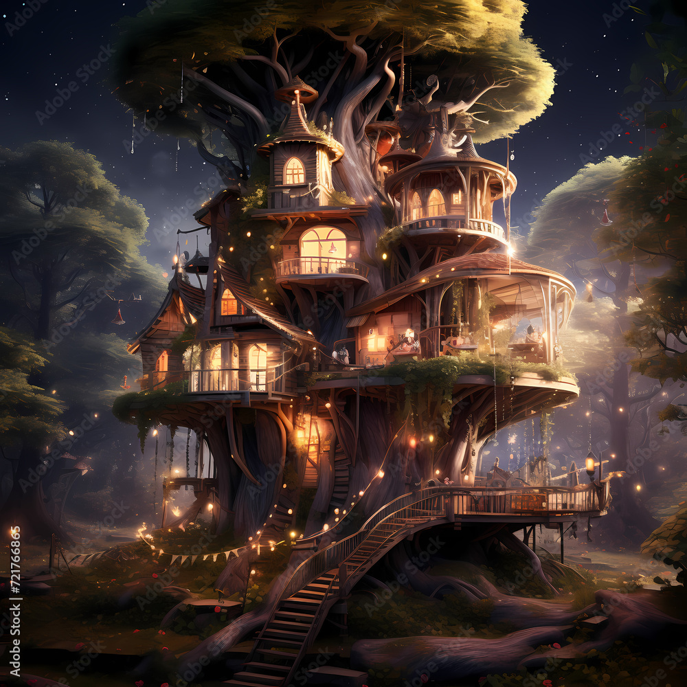 Whimsical treehouse in a magical forest.