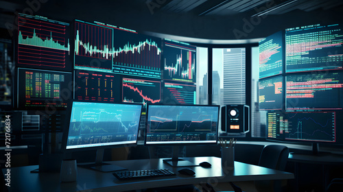 Professional trading screens with financial data at a trading office in futuristic style computer or PC